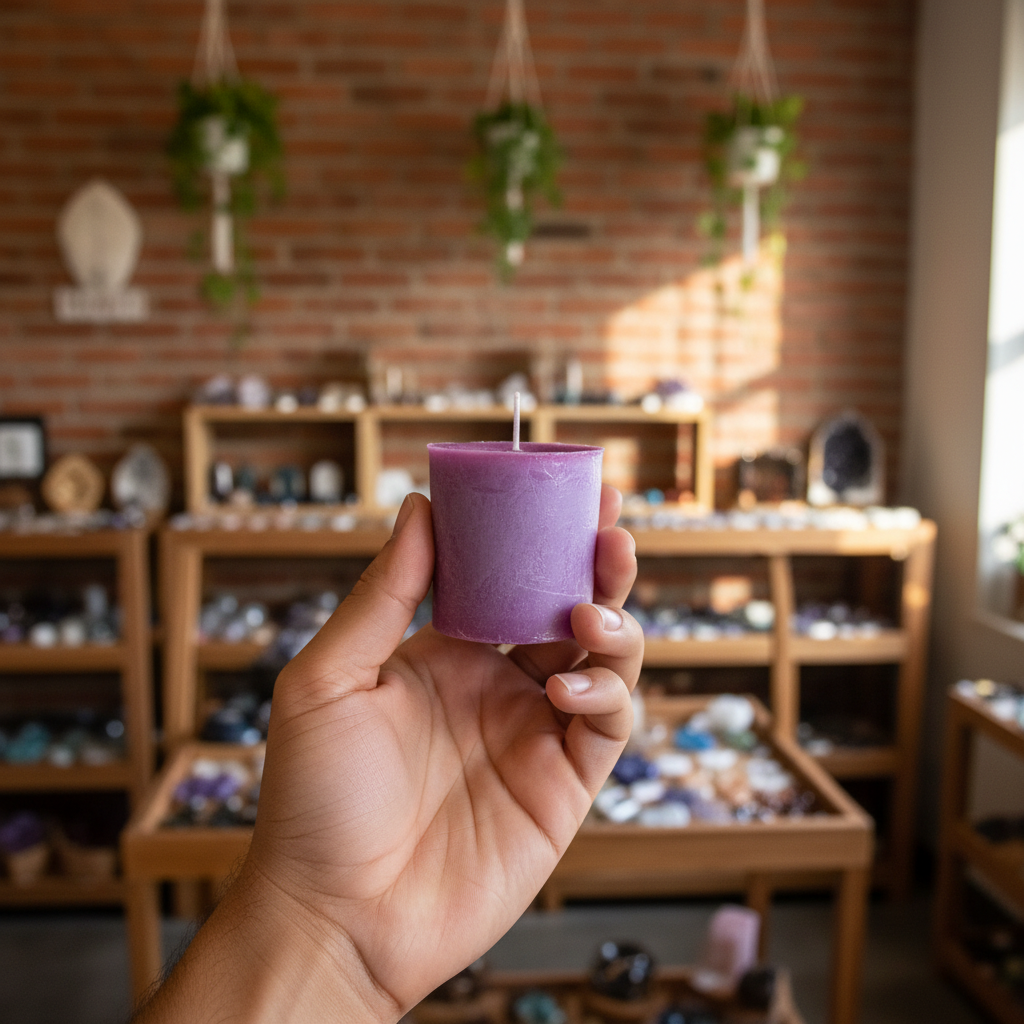 Healing Votive Candle displayed in a peaceful lifestyle setting