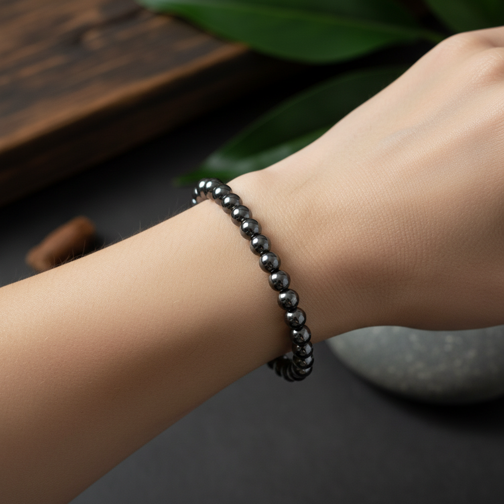 Hematite 4mm stretch bracelet displayed in a calm lifestyle setting