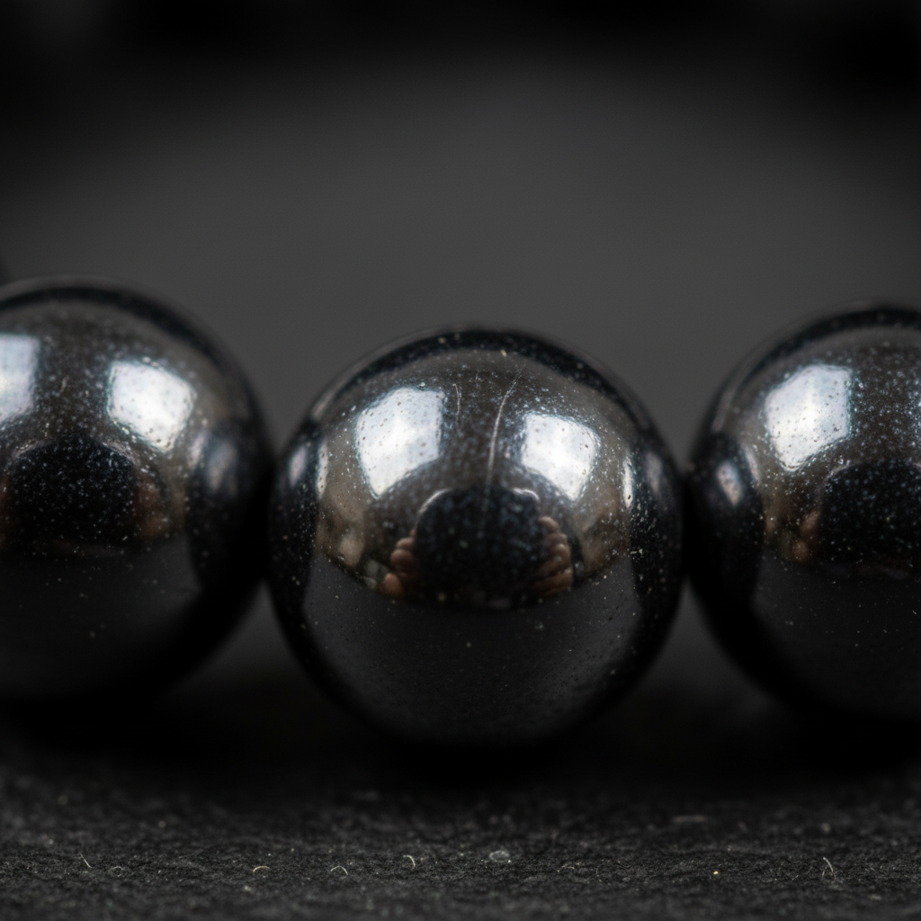 Close-up view of petite polished metallic gray Hematite 4mm bracelet beads