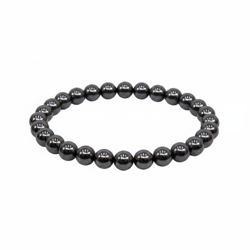Polished metallic gray Hematite 4mm stretch bracelet on a white background