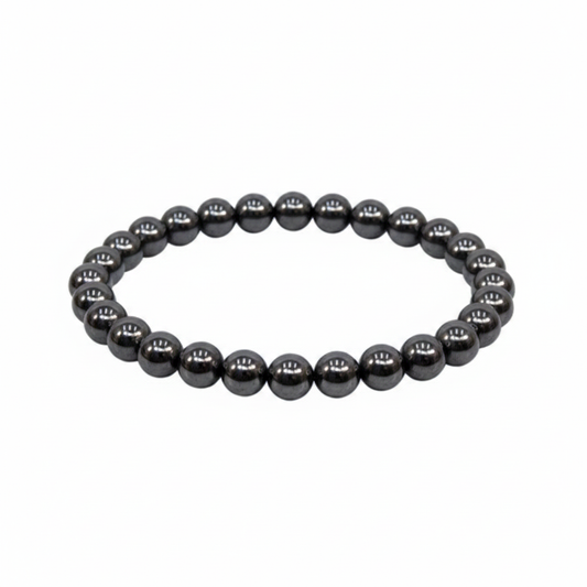 Polished metallic gray Hematite 4mm stretch bracelet on a white background