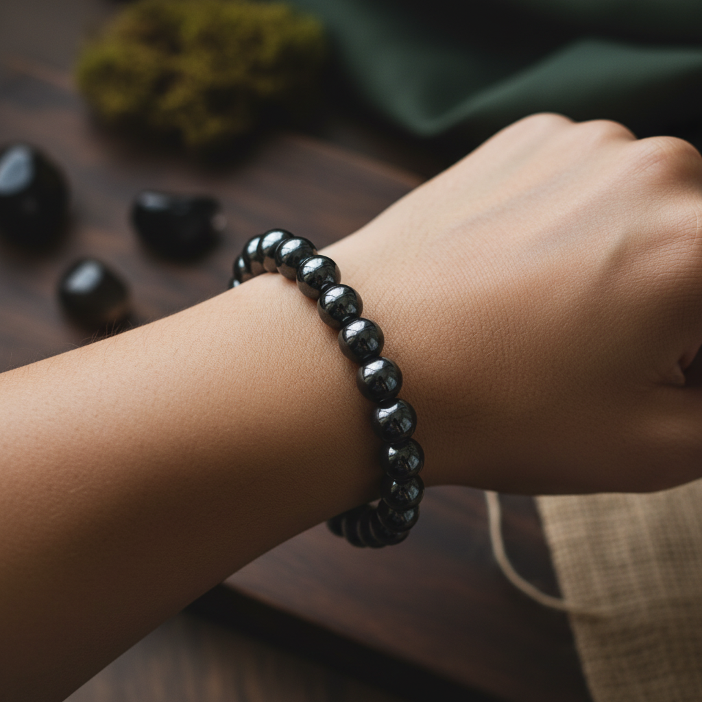 Hematite 8mm stretch bracelet displayed in a calm lifestyle setting