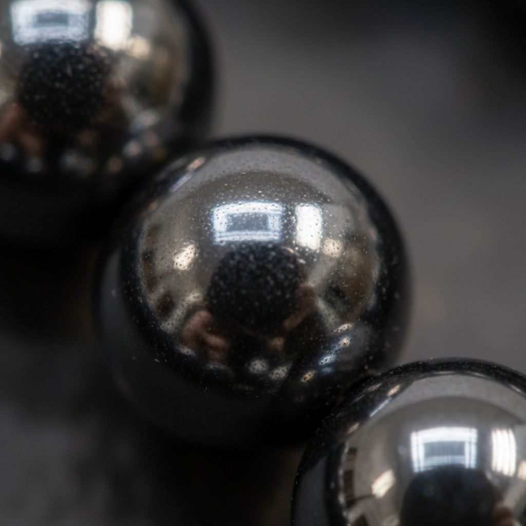Close-up view of polished metallic gray Hematite 8mm bracelet beads