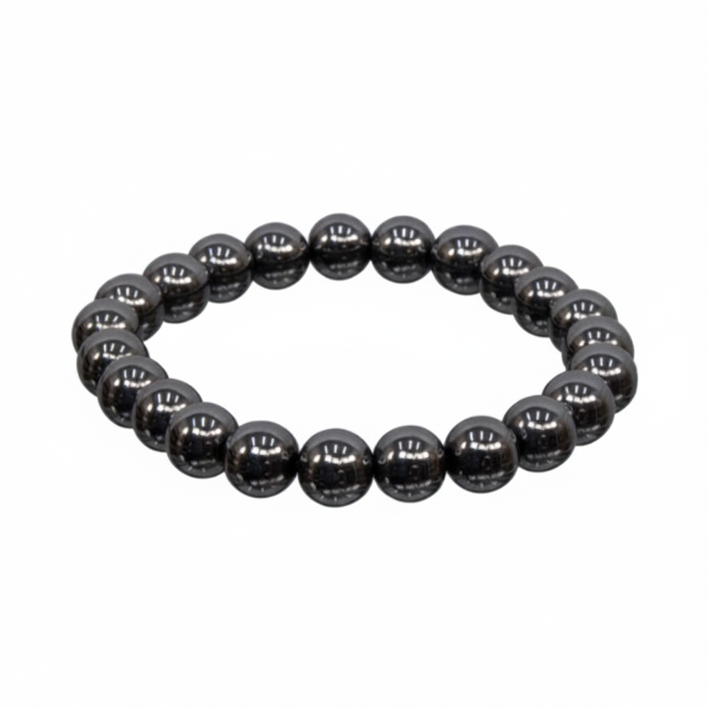 Polished metallic gray Hematite 8mm stretch bracelet on a white background