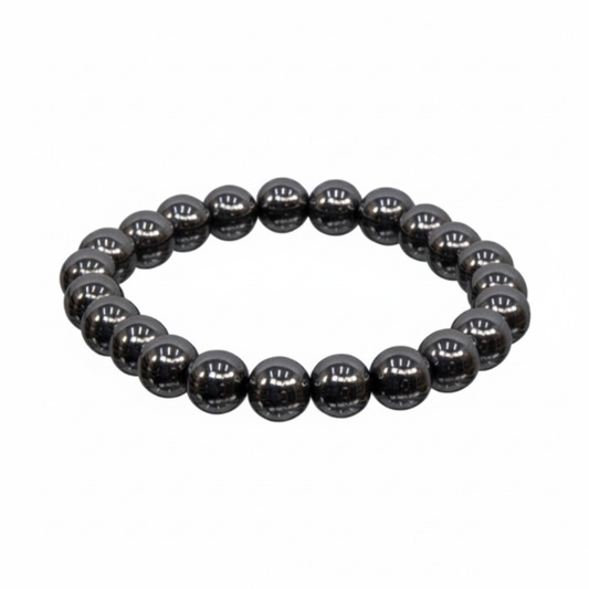 Polished metallic gray Hematite 8mm stretch bracelet on a white background