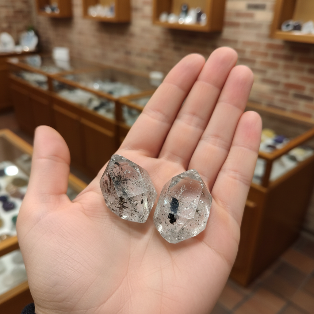 Herkimer Diamonds natural crystal held in hand to show approximate scale