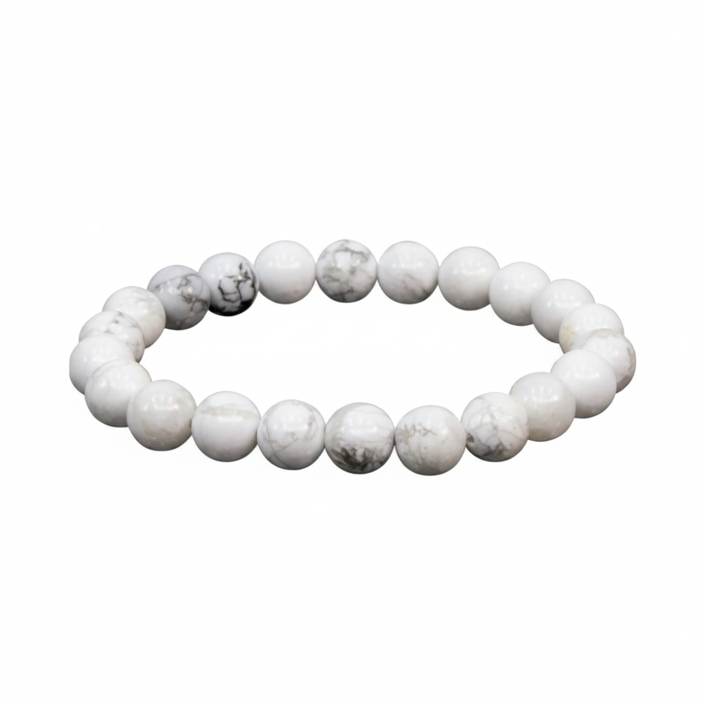 White Howlite 8mm stretch bracelet with natural gray veining on a white background