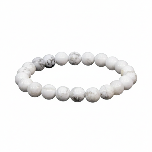 White Howlite 8mm stretch bracelet with natural gray veining on a white background