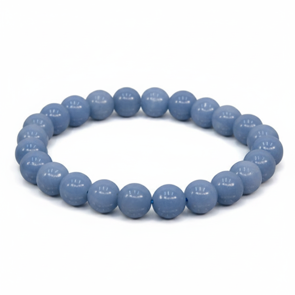 Angelite 8mm beaded bracelet on white background — soft powder blue natural stone crystal bracelet by Prana Blessings