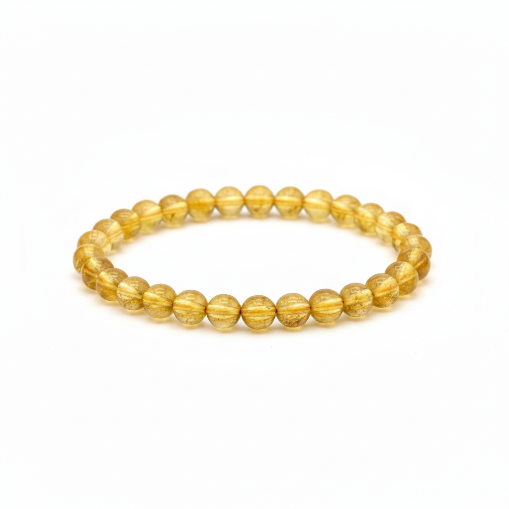 Citrine 4mm beaded bracelet on white background — delicate warm golden yellow translucent natural stone crystal bracelet by Prana Blessings