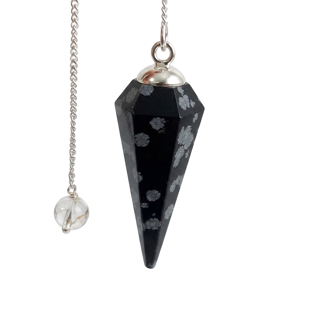 Snowflake Obsidian pendulum with chain on a white background