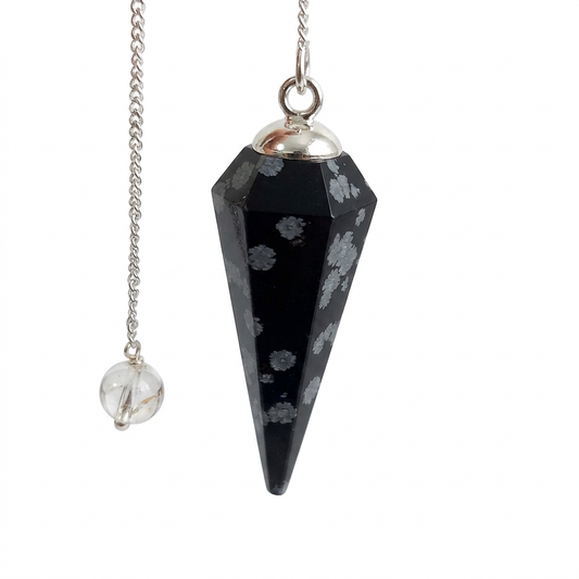 Snowflake Obsidian pendulum with chain on a white background