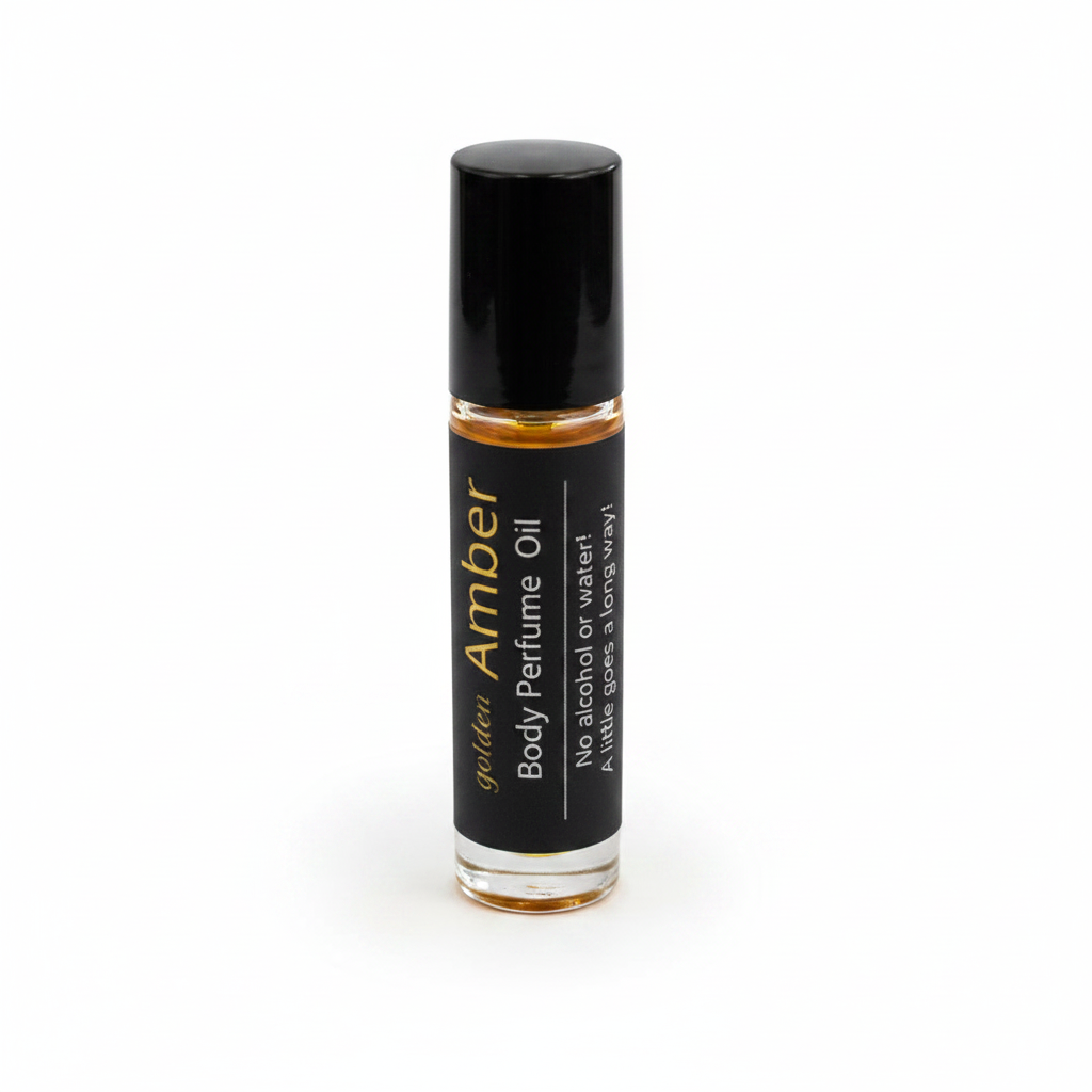 Golden Amber Body Perfume Oil clear roll-on bottle on white background