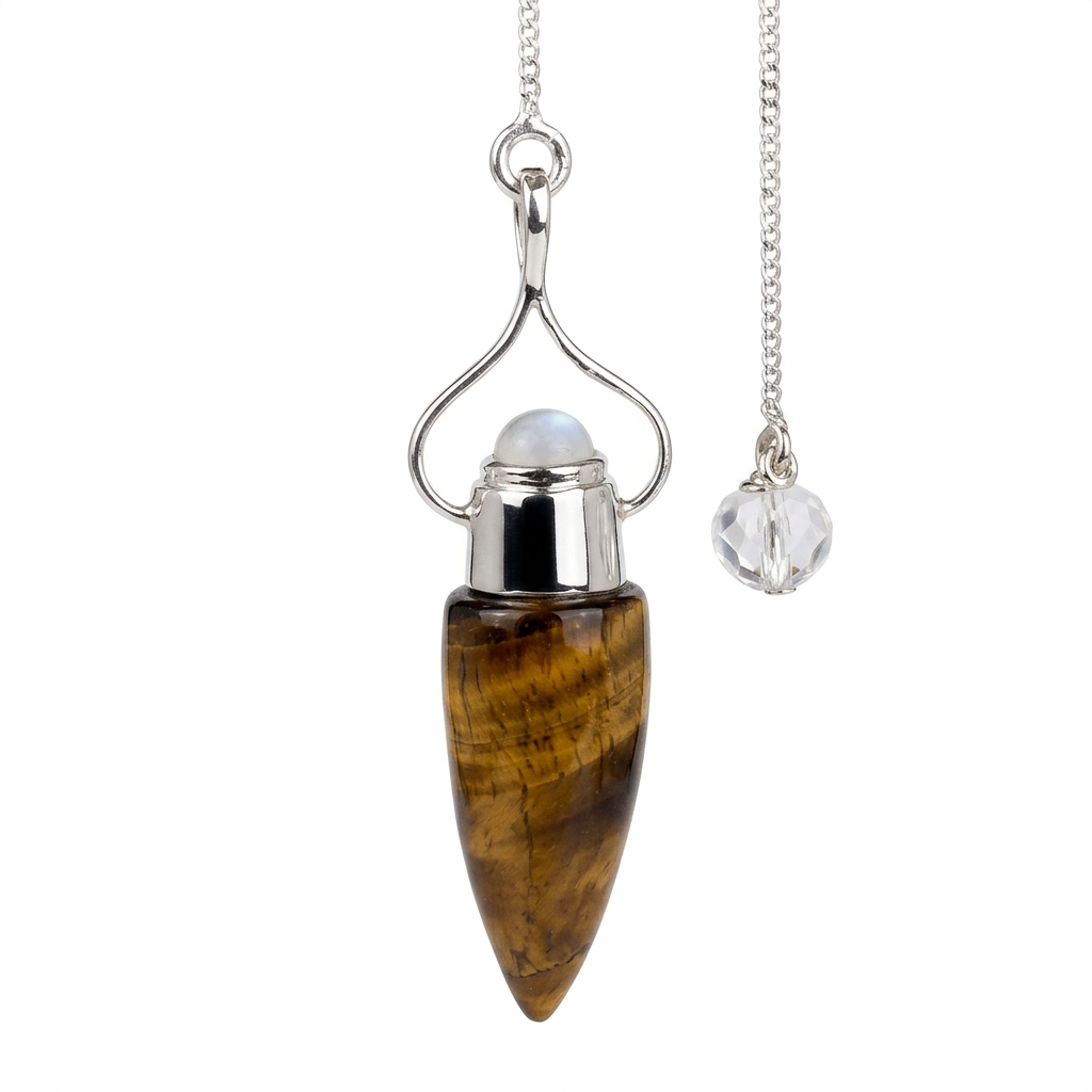 Tiger’s Eye and Rainbow Moonstone pendulum on a white background