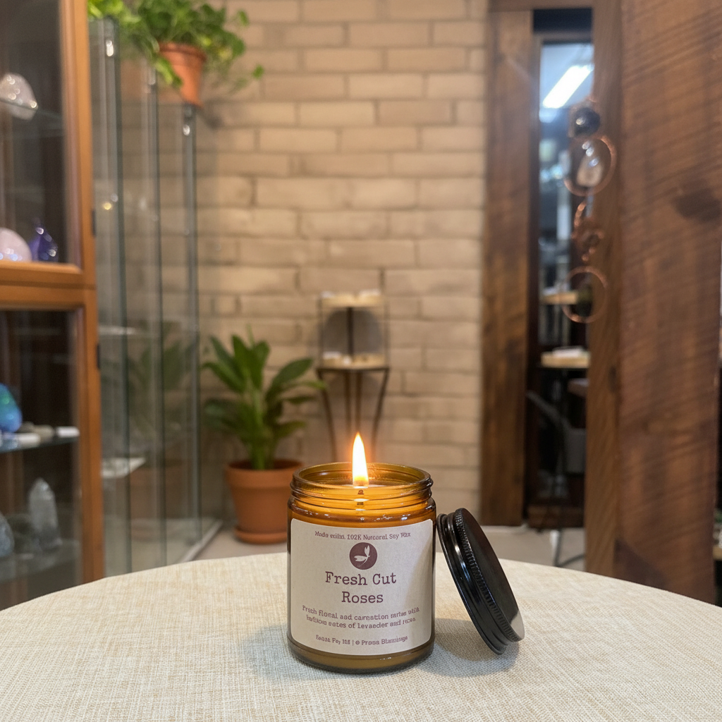 Lit Fresh Cut Roses soy candle on a wooden table in the Prana Blessings shop