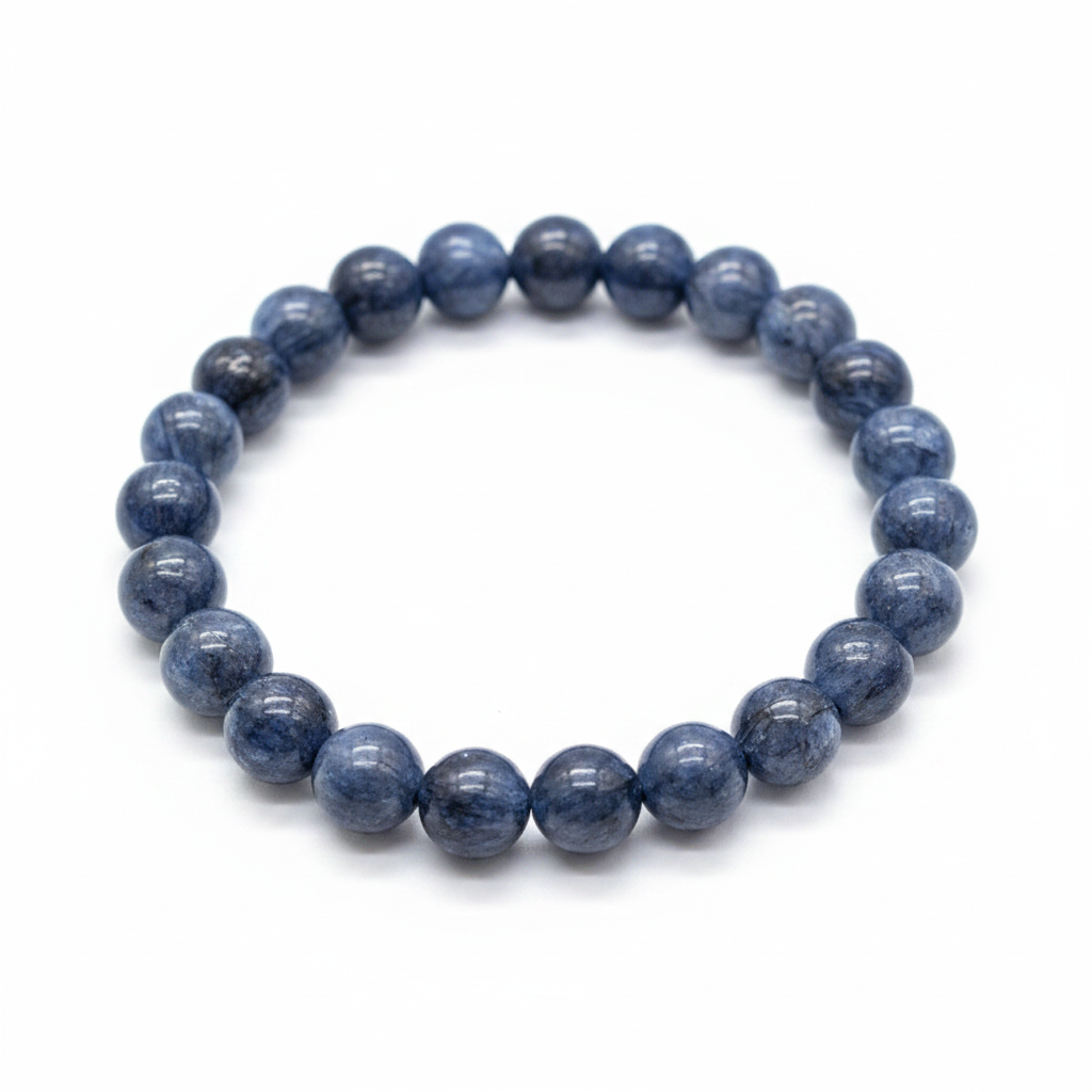 Blue Kyanite 8mm beaded stretch bracelet on a white background