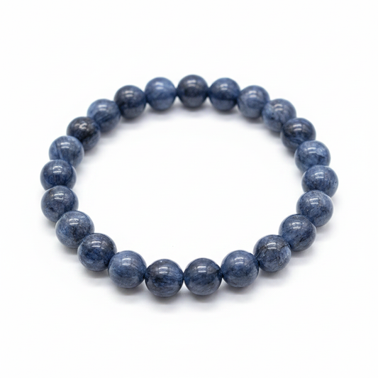 Blue Kyanite 8mm beaded stretch bracelet on a white background