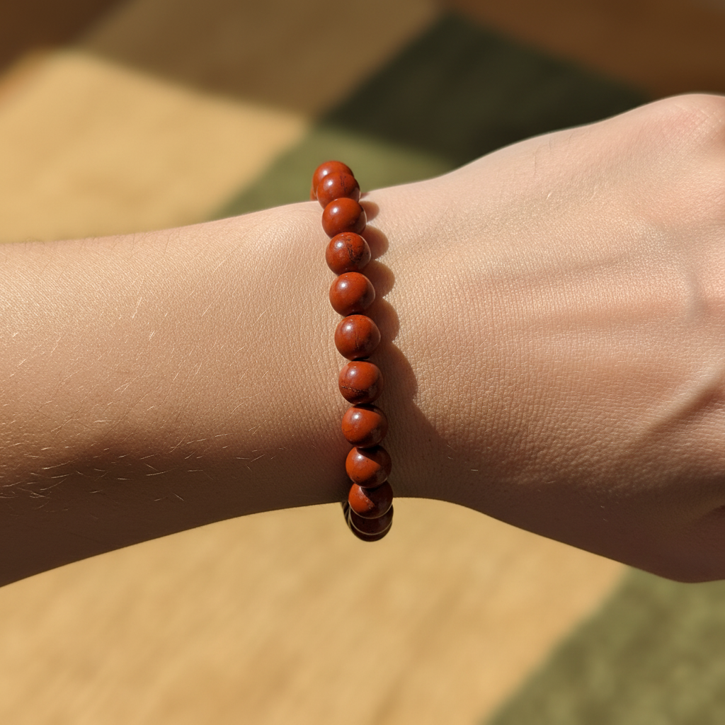 Large Jasper bead bracelet worn on the wrist in a warm, earthy lifestyle setting