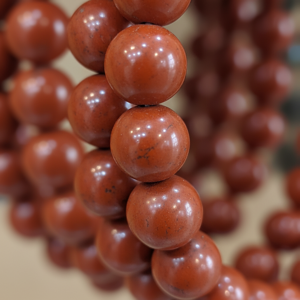 Close-up of large Jasper beads showing rich red-brown tones and natural variation
