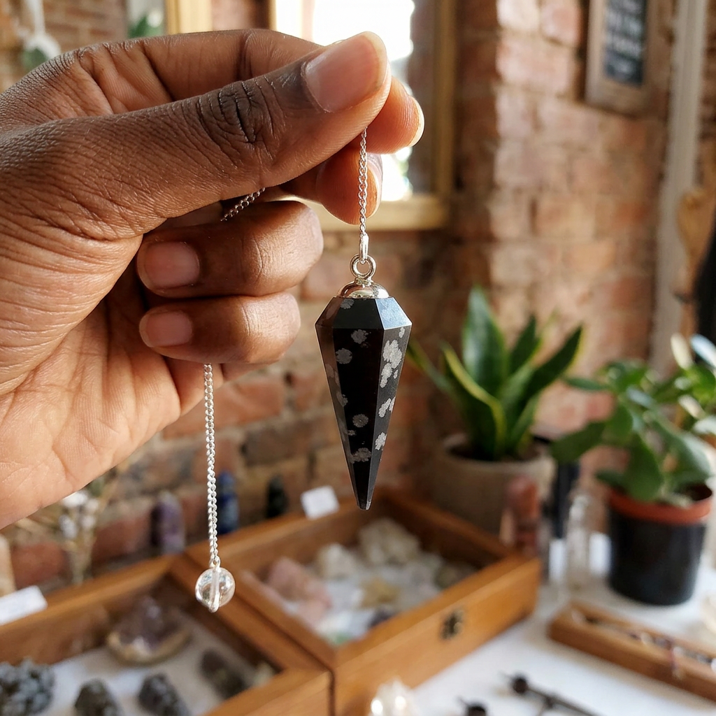 Hand holding the Snowflake Obsidian pendulum in a crystal shop