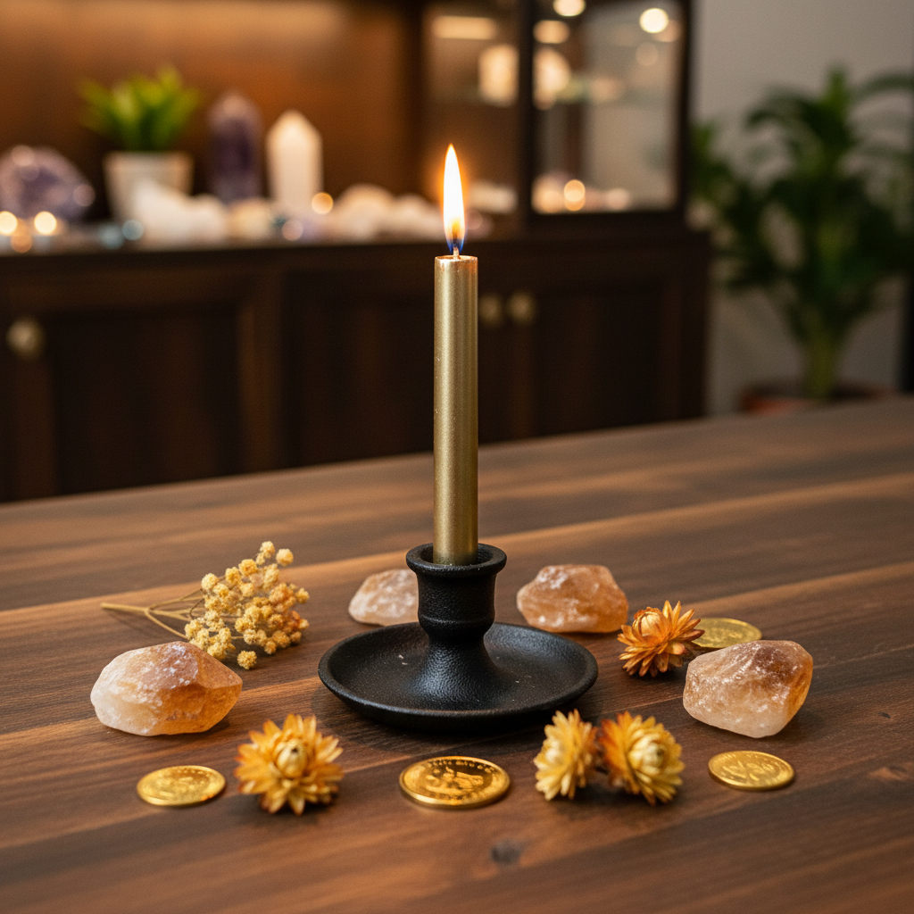 Gold 4-inch ritual chime candle displayed in a black cast iron holder