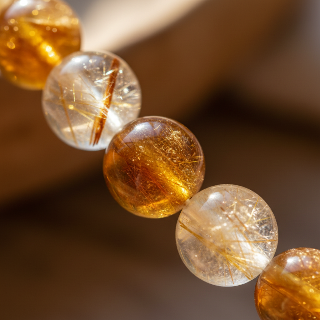 Close-up macro texture of Golden Healer Quartz 8mm beads showing golden amber tones and natural inclusions