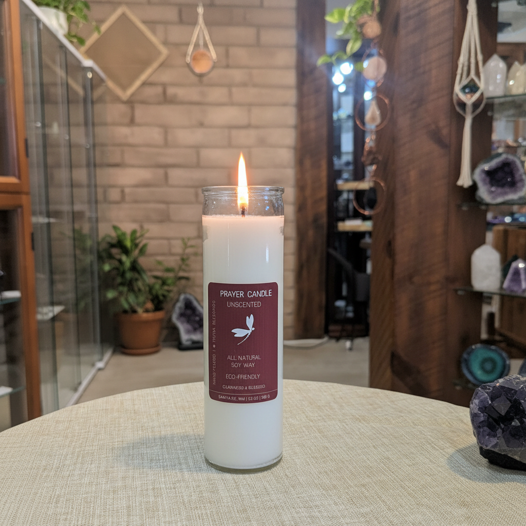 Lit white 7-day prayer candle on a wooden table in the Prana Blessings shop