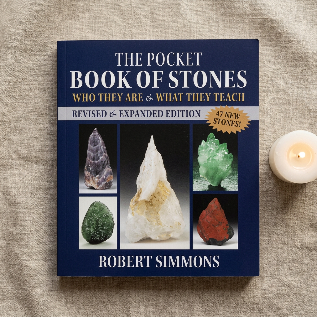 The Pocket Book of Stones on warm linen beside a lit white candle