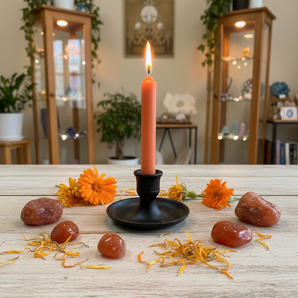Orange 4-inch ritual chime candle displayed in a black cast iron holder