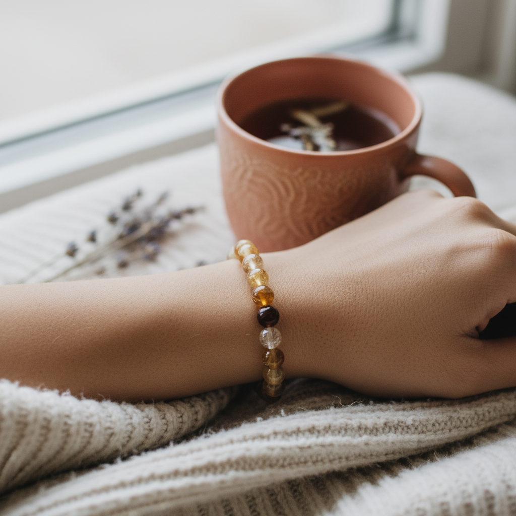 Golden Healer Quartz 8mm bracelet worn on wrist, warm natural light lifestyle photo