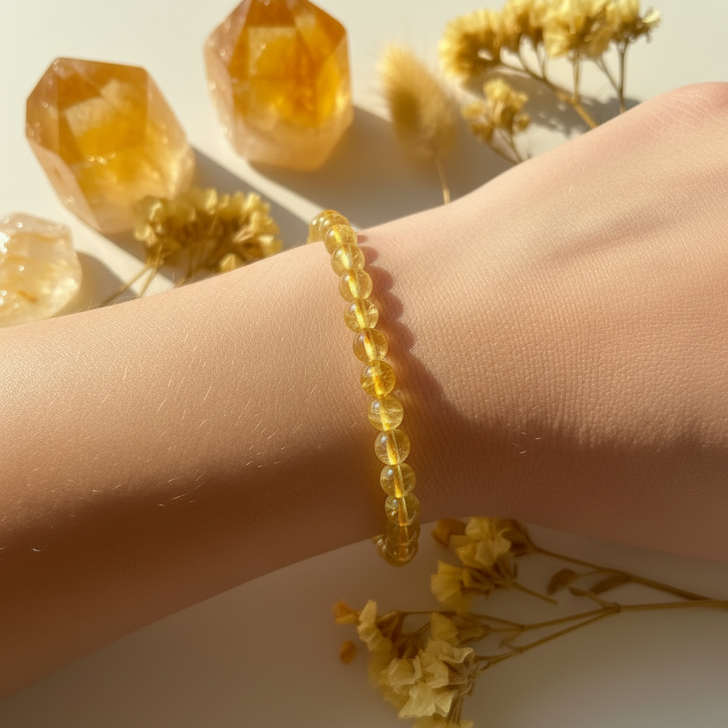 Citrine 4mm bracelet worn on wrist with raw citrine points and golden dried flowers in background — Prana Blessings