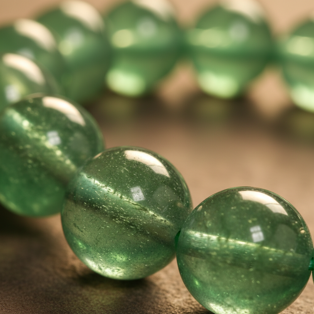 Close-up macro texture of Green Aventurine 8mm beads showing rich green color and natural aventurescence