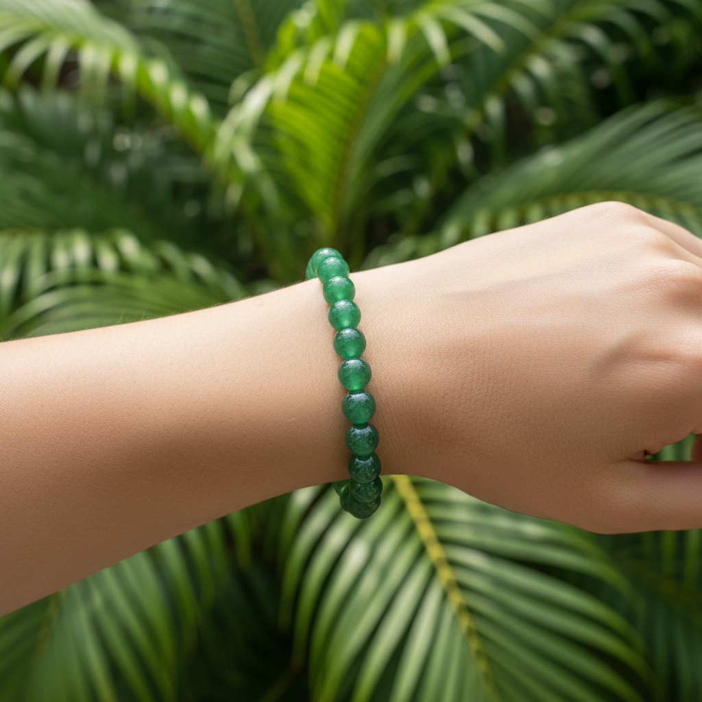 Green Aventurine 8mm bracelet worn on wrist, soft natural light lifestyle photo