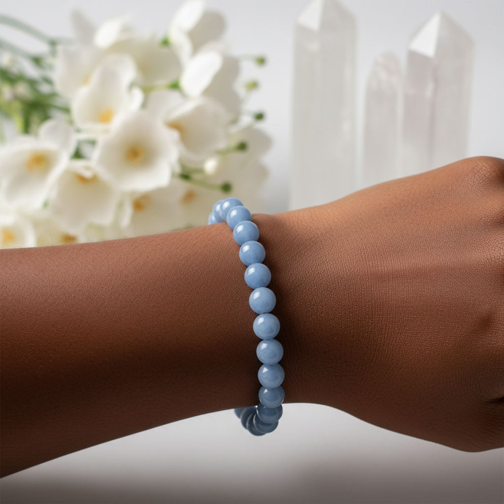 Angelite 8mm bracelet worn on wrist in soft natural light with white flowers and selenite in background — Prana Blessings