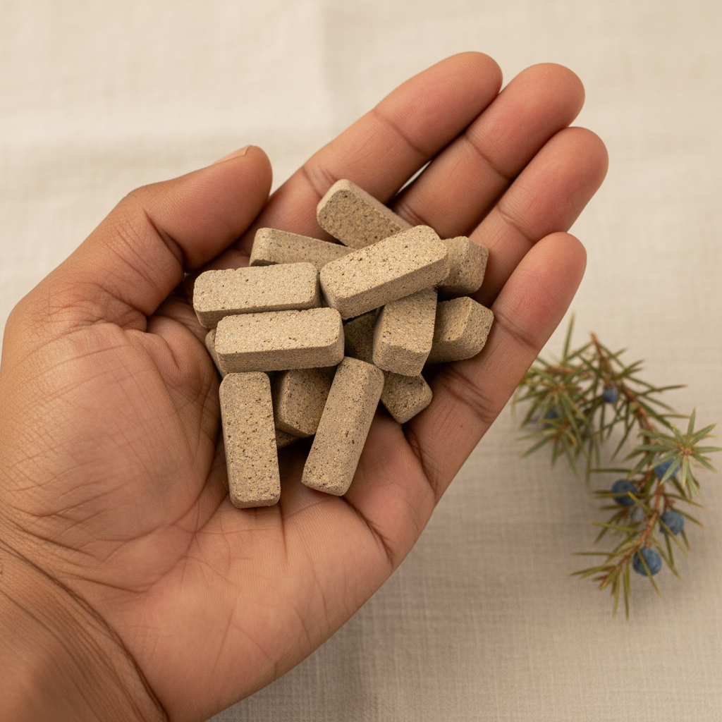 Incienso de Santa Fe brick incense shown in hand for package scale