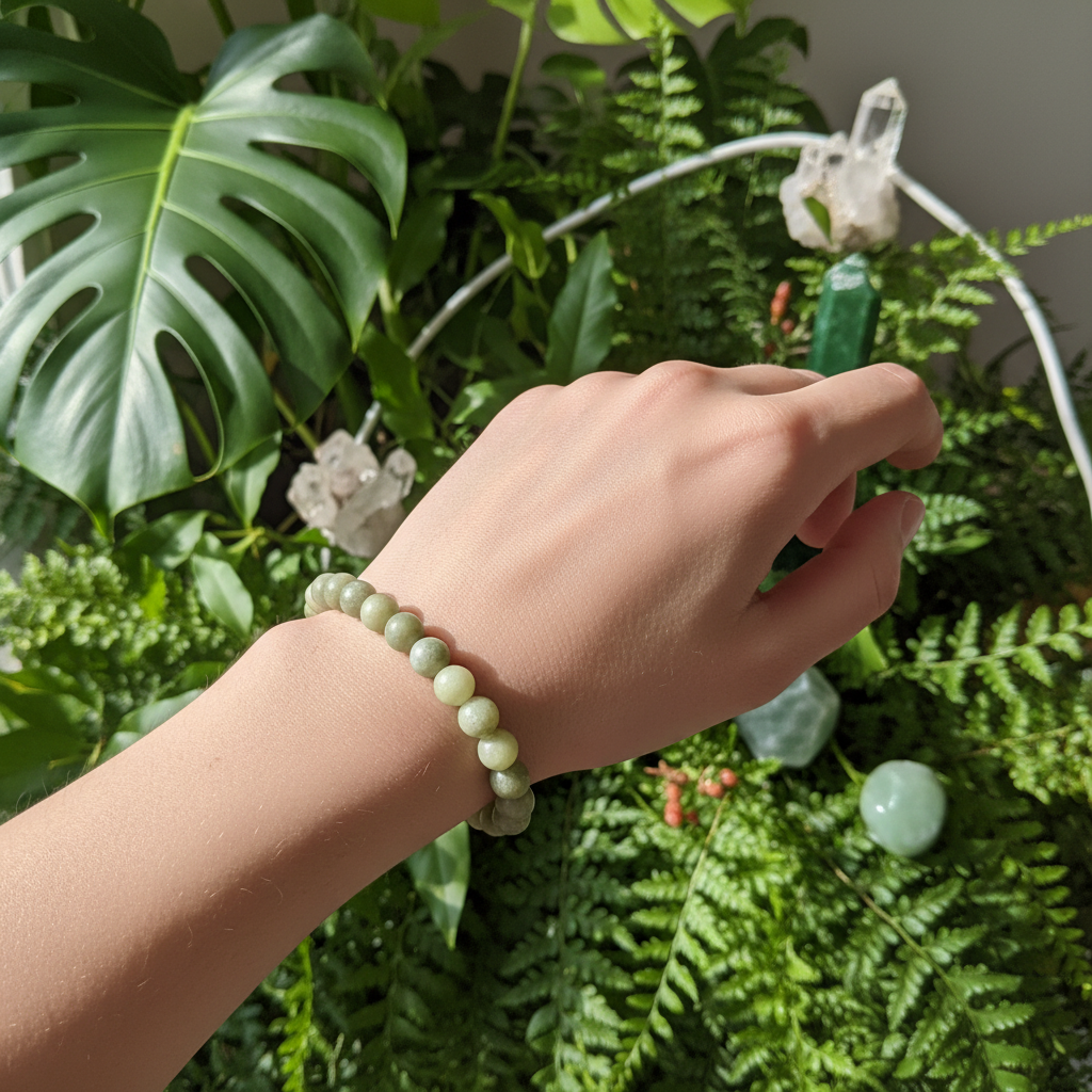 Nephrite Jade 8mm stretch bracelet displayed in a natural lifestyle setting
