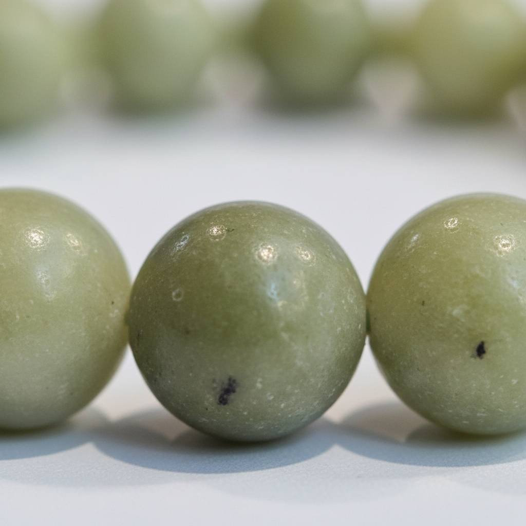 Close-up view of green Nephrite Jade 8mm bracelet beads with natural variations