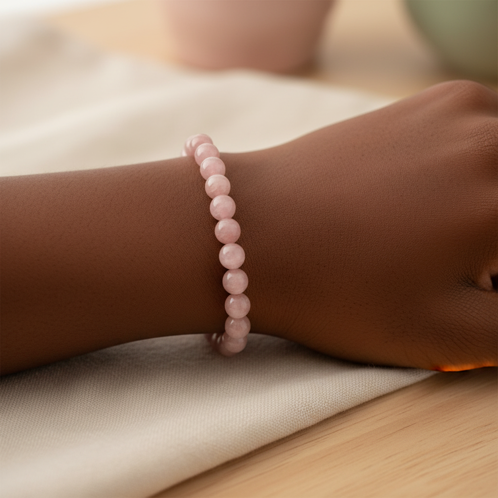 Kunzite stretch bracelet displayed in a calm lifestyle setting
