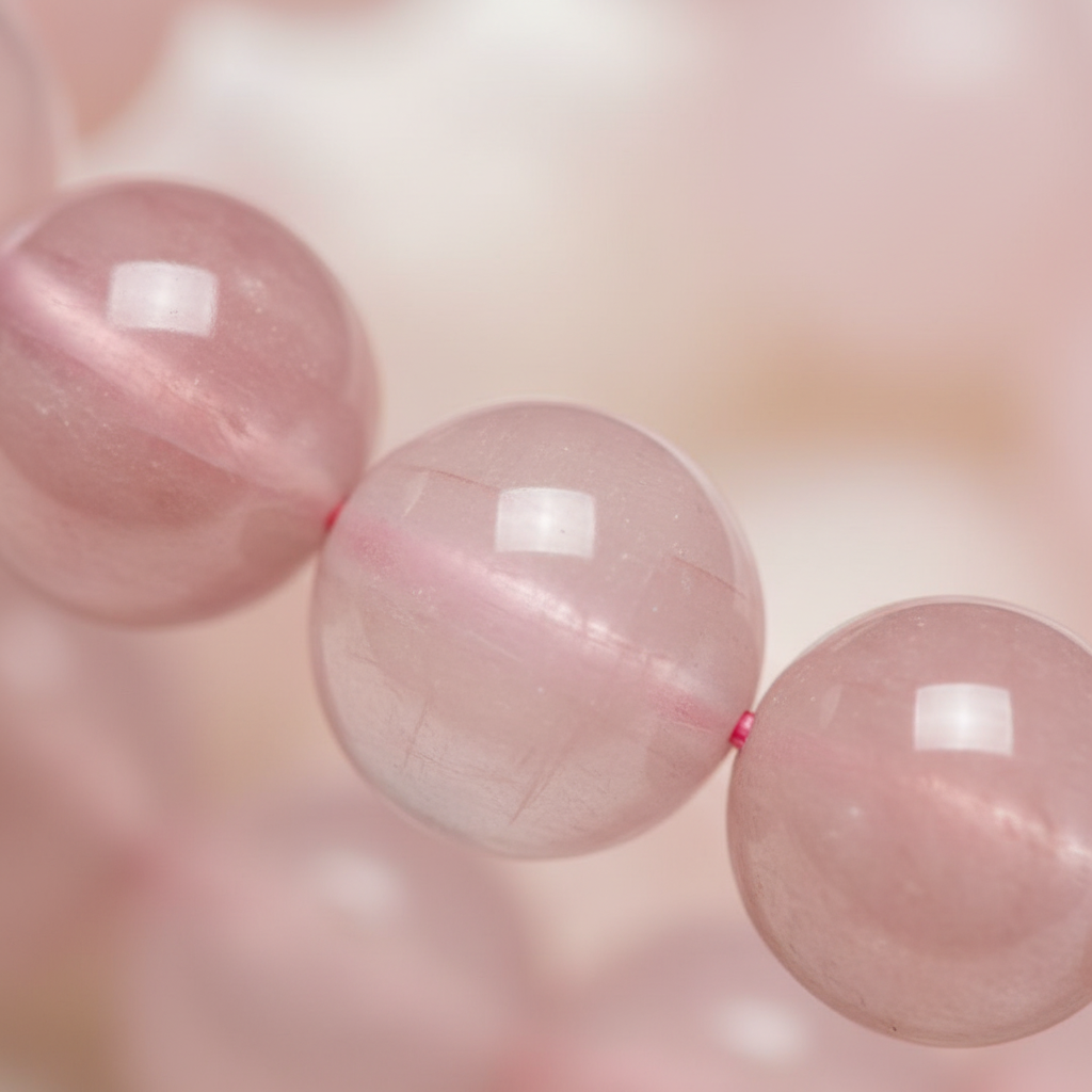 Close-up view of natural Kunzite bracelet beads with soft pink and lilac tones