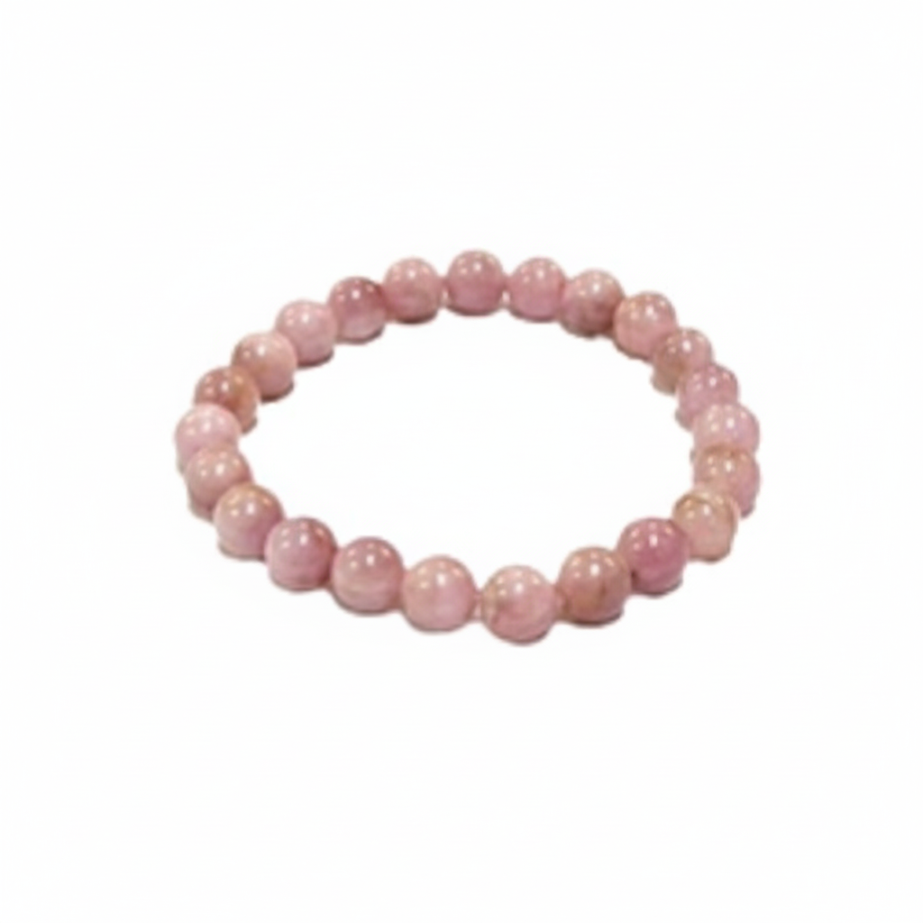 Natural Kunzite stretch bracelet with soft pink and lilac beads on a white background