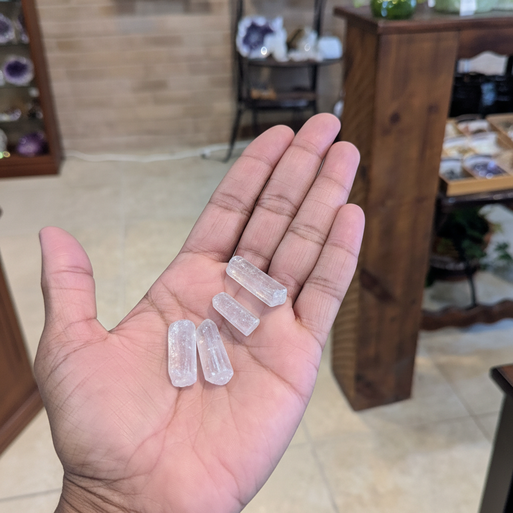 Kunzite Rough Stones natural crystal held in hand to show approximate scale