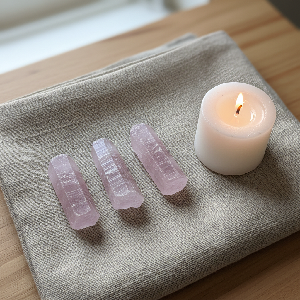 Kunzite Rough Stones natural crystal displayed in a calm styled setting