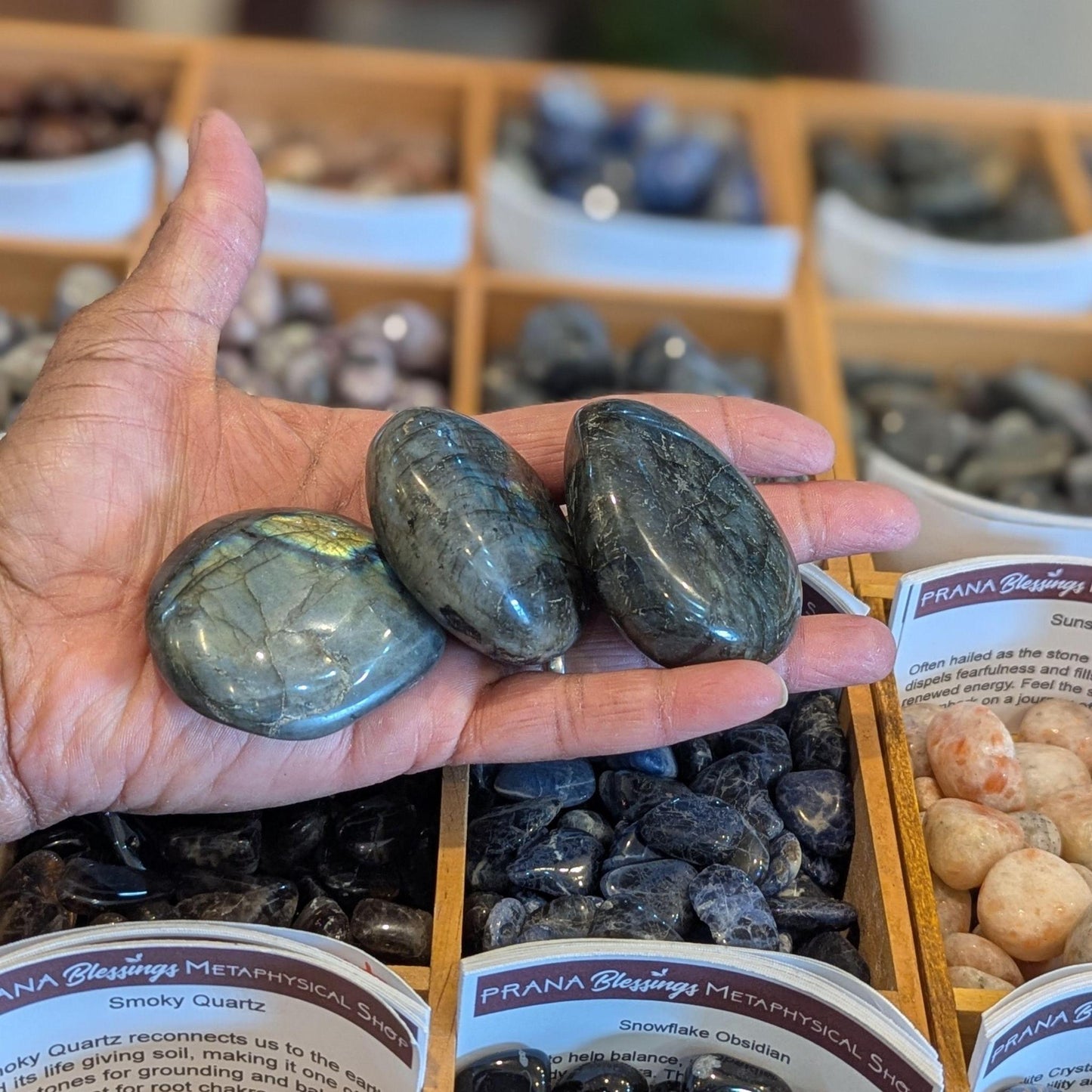 A hand holds four polished dark gray Labradorite, in front of a display of other crystals and metaphysical stones. Prana Blessings branding is visible on the labels.