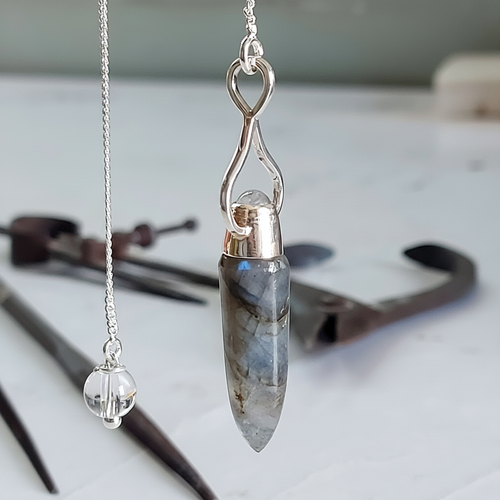 Labradorite master dowsing pendulum displayed for intuitive energy work
