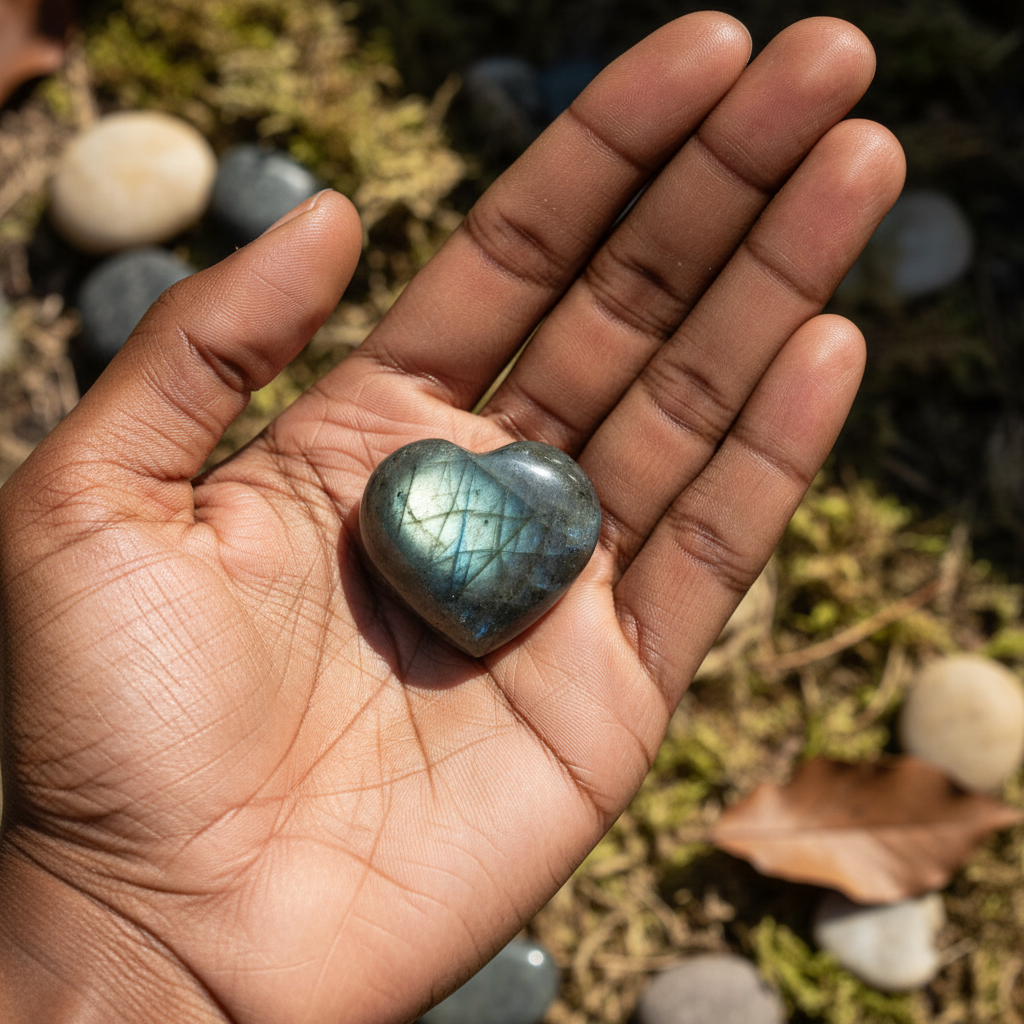 Labradorite Small Heart displayed in a calm lifestyle setting for scale and styling inspiration.