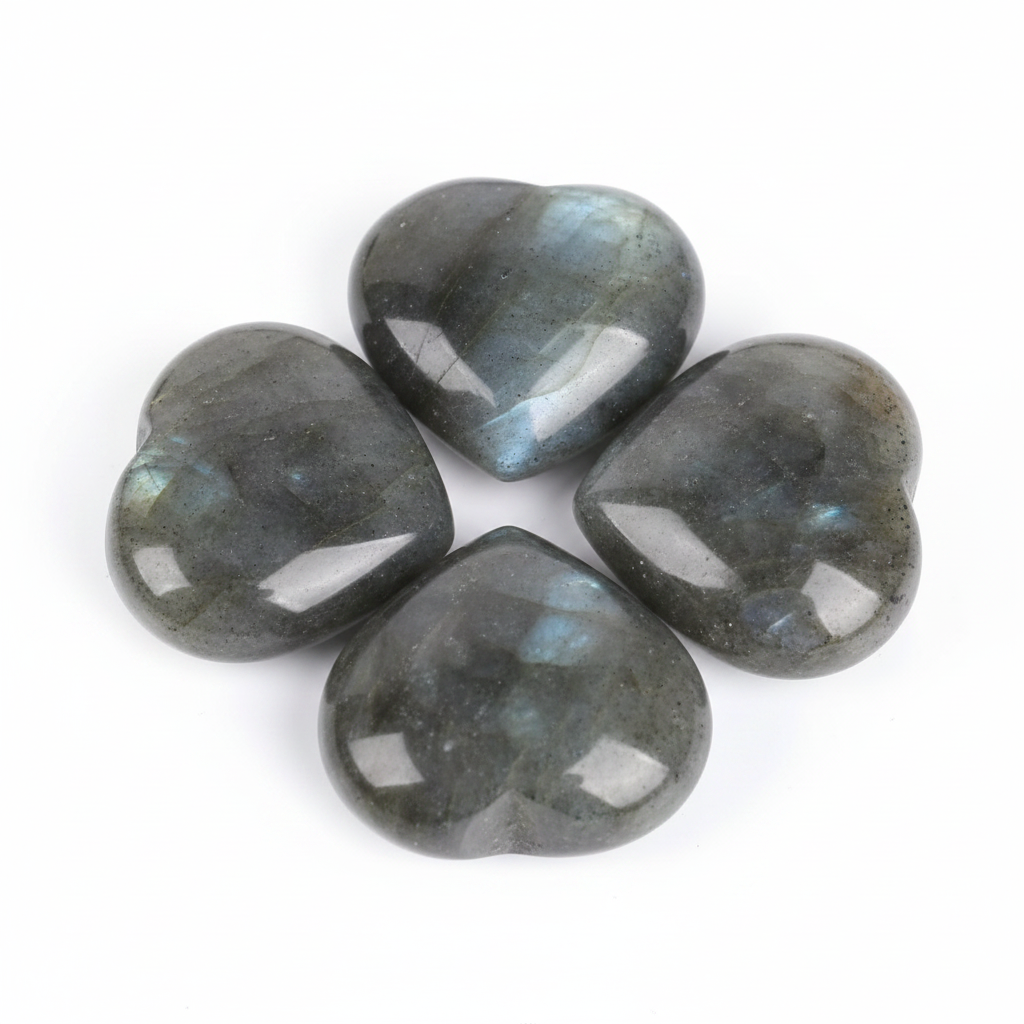 Labradorite Small Heart shown clearly on a clean white background, highlighting its color, shape, and natural variation.