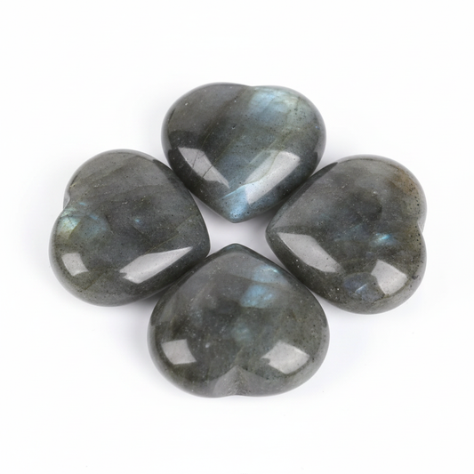 Labradorite Small Heart shown clearly on a clean white background, highlighting its color, shape, and natural variation.