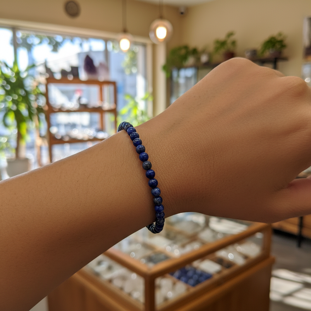 Lapis 4mm beaded bracelet styled for everyday wear