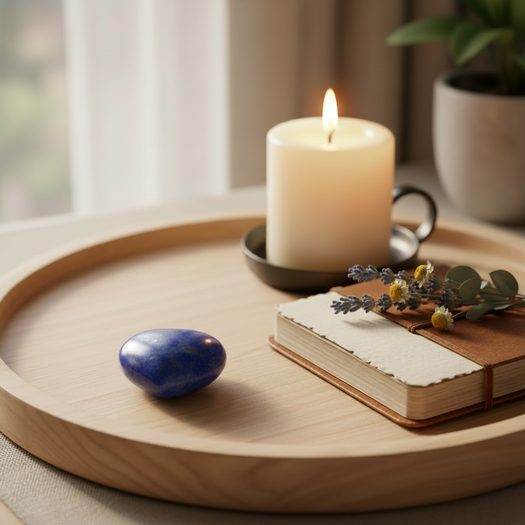 A round light wood tray styled with a lapis heart shaped stone, a lit cream candle in a dark holder, a small notebook with dried flowers, and a softly blurred indoor background.