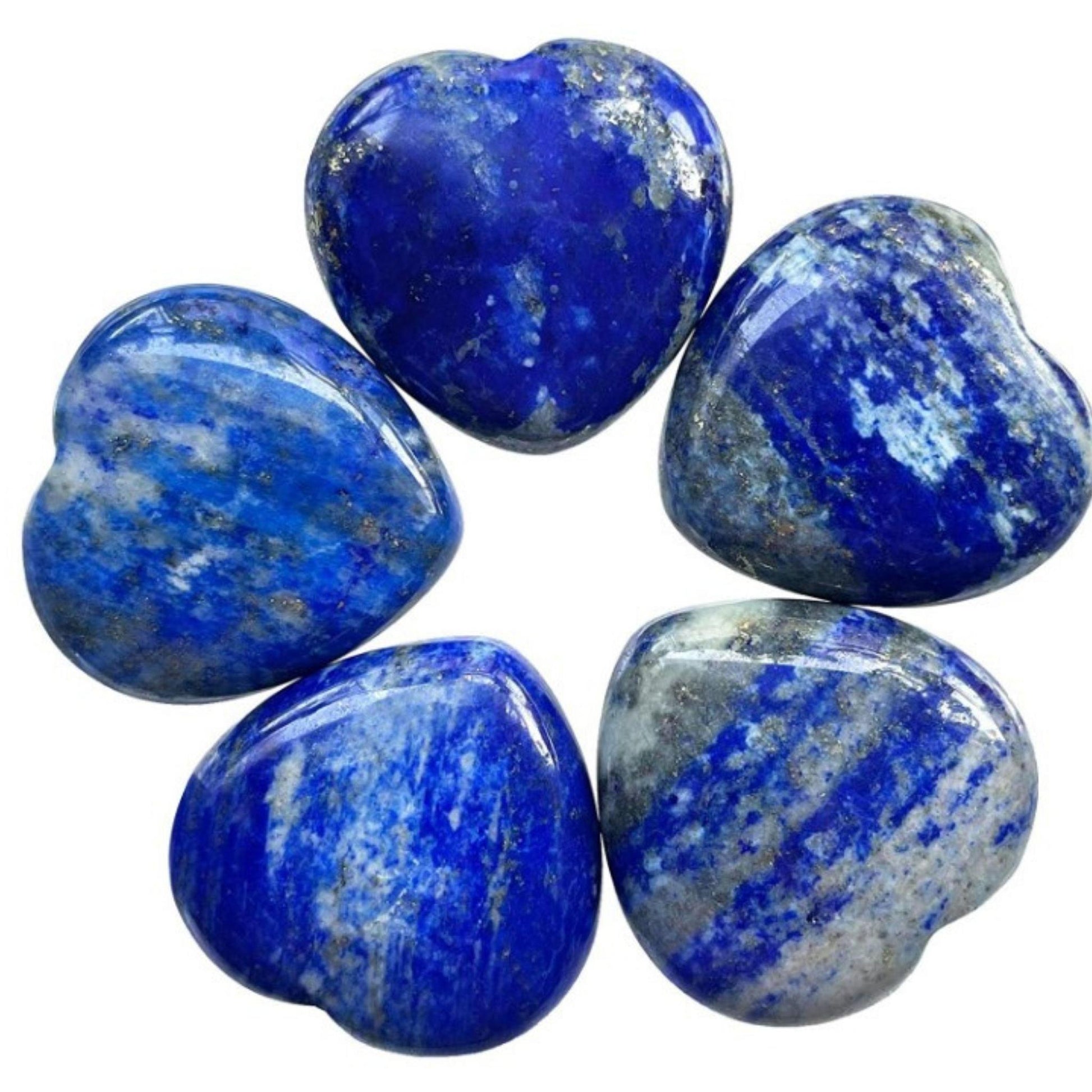 Five polished heart-shaped lapis lazuli stones arranged in a circle on a plain white background.